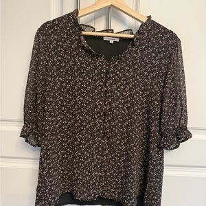 Pleione Floral Sheer Blouse Size M Black Pink Button Front Ruffle Sleeve Boho